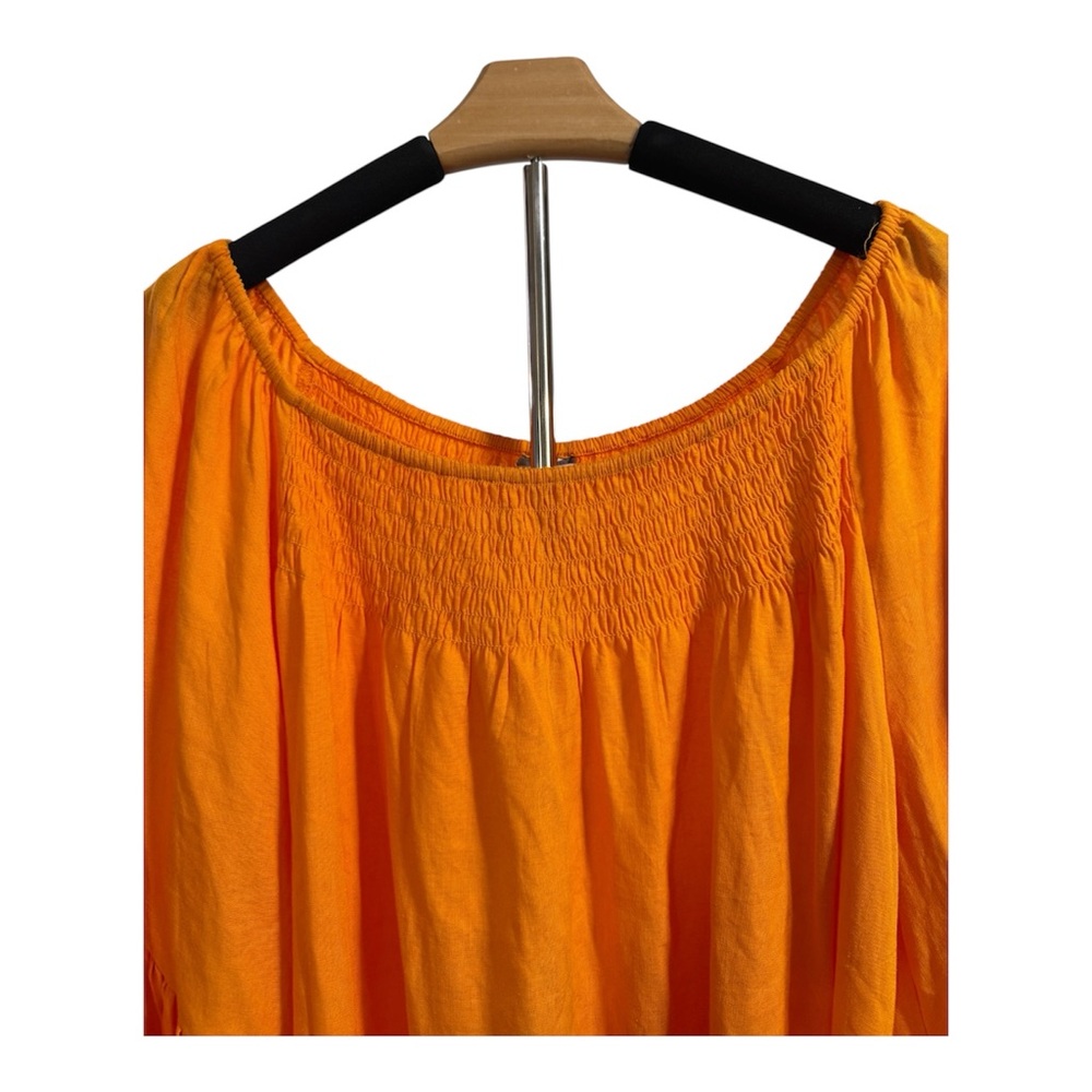 Orange Linen Rayon Smocked Peasant Blouse - XL - Bell Ruffle Sleeves Boho - Picture 3 of 8